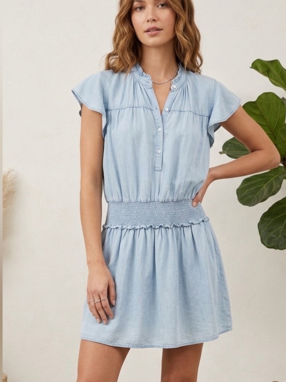 Rails Amina Smocked Waist Chambray Dress , Size XS, 100% Tencel